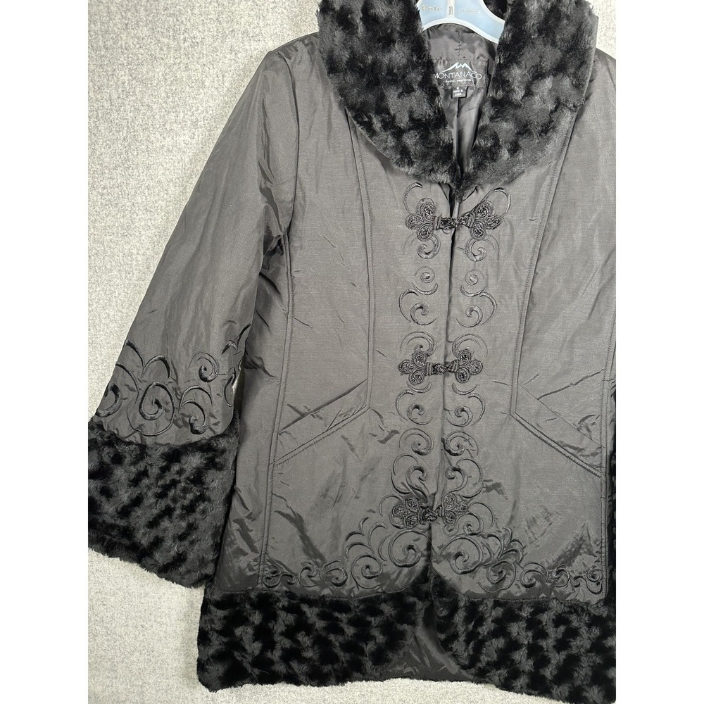 Montana Co Womens Small Jacket Coat Black Faux Fur Chic Embroidered - Picture 7 of 13